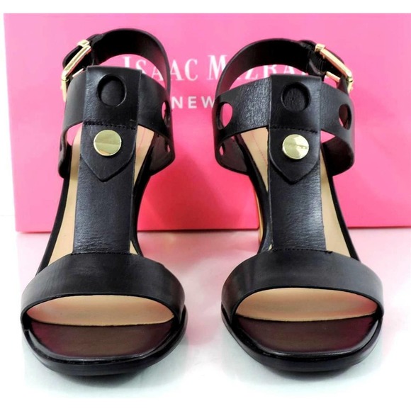 Isaac Mizrahi Sasha Metallic Heels Ankle Strap Sandal Studs Leather Black Size 8 - Picture 3 of 6
